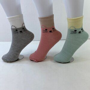 Womens Crew Socks Set 3 Cat Face Print Colorblock Gray Pink Blue White Brown